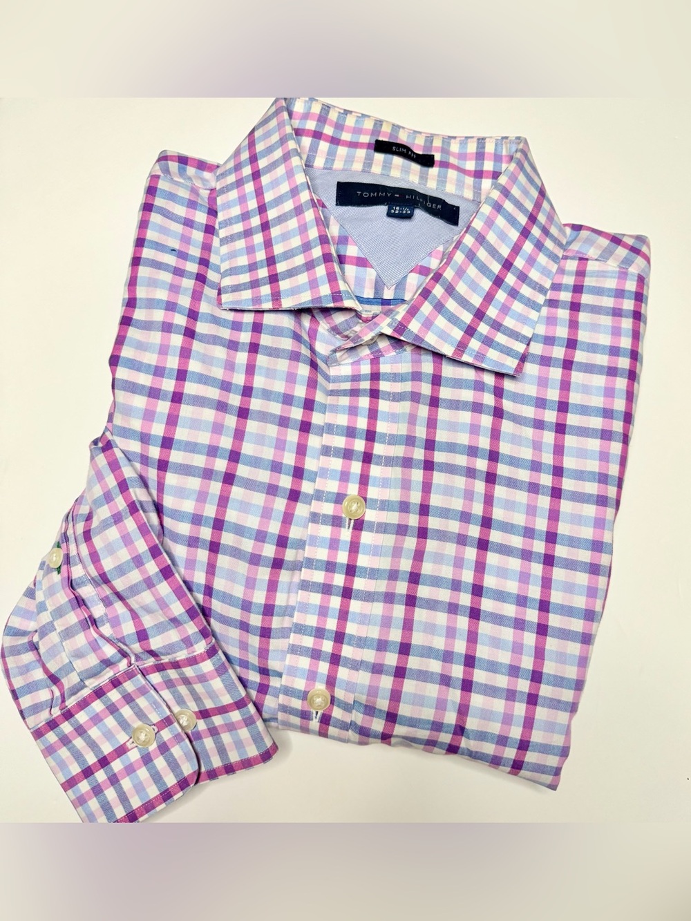 Tommy Hilfiger Men’s Pink and Blue Check Dress Shirt